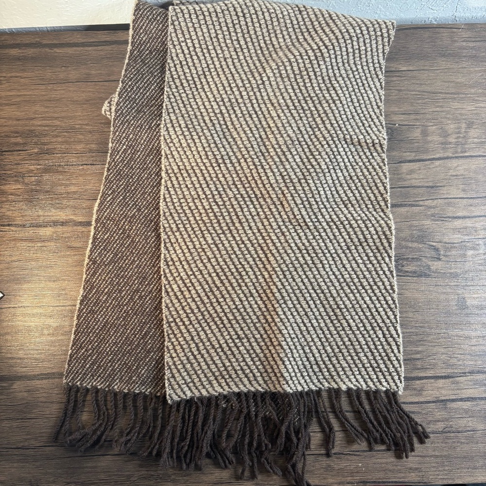 KING DEER 100%‎ Cashmere Scarf Brown Tan Woven Stripe Fringe 54"x9.75"